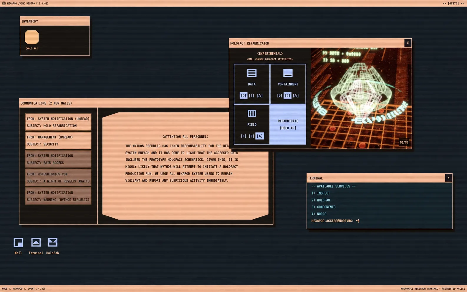 Hexapod desktop with communications, a terminal and the glowing Holofact refabricator