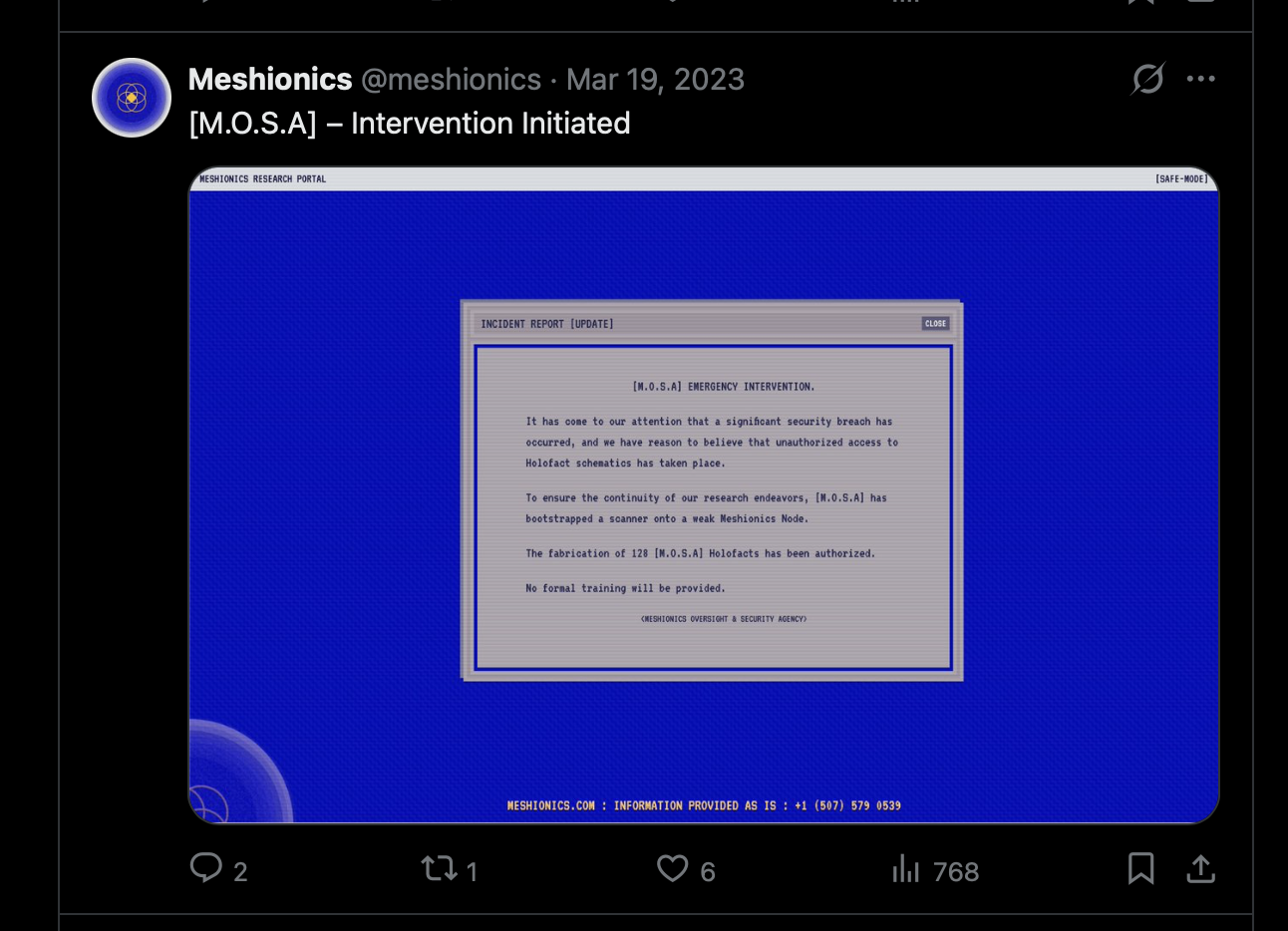 Meshionics’ 19 March post announcing Mosa intervention through the research portal