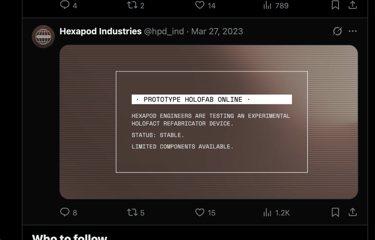 Hexapod’s post announcing the prototype Holofact refabricator online