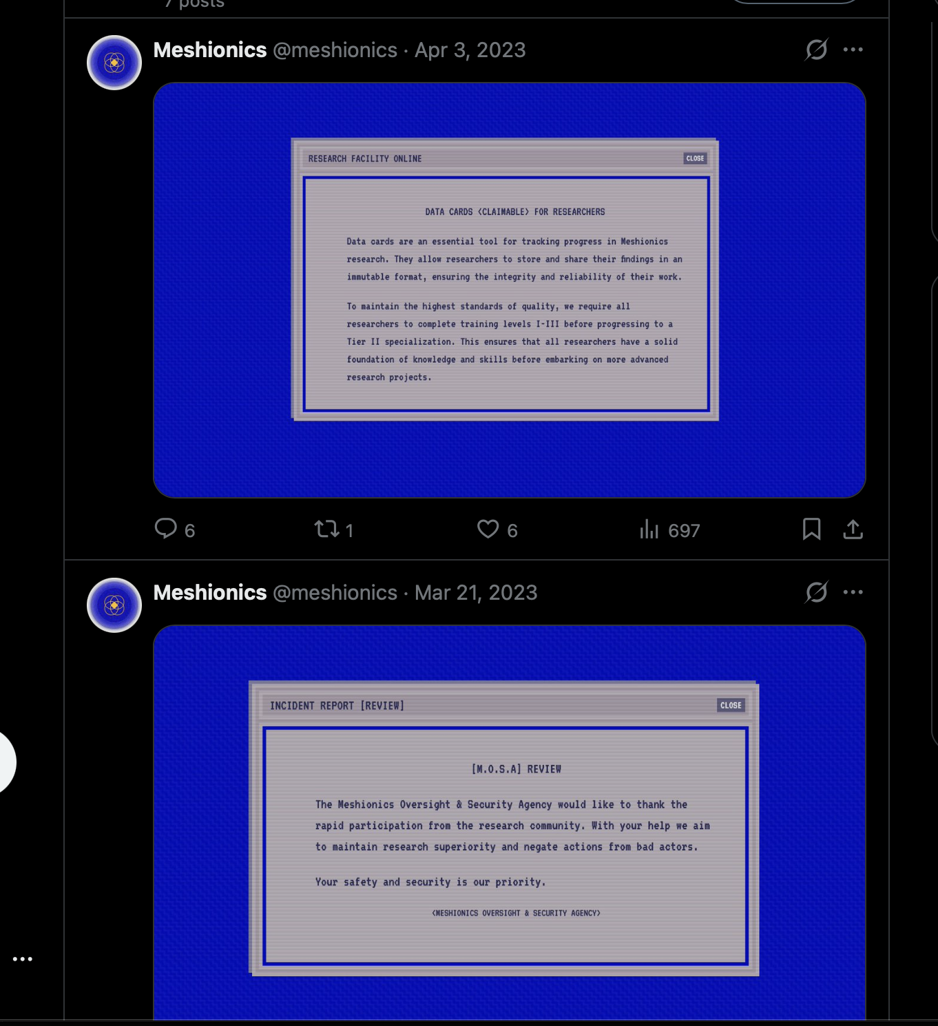 Meshionics’ 3 April post announcing claimable Data Cards and research levels I–III