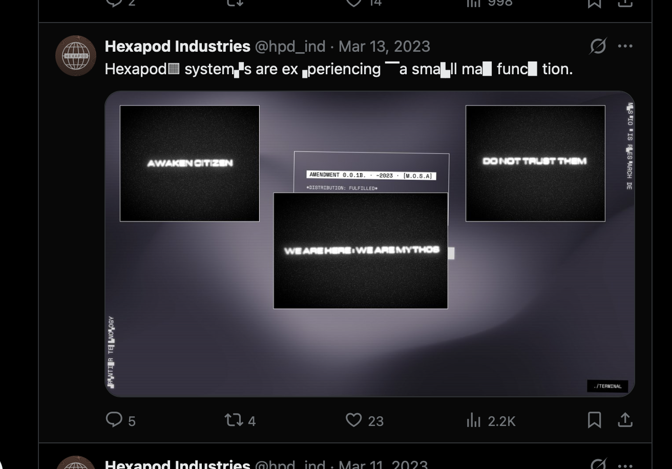 Hexapod’s system-malfunction post showing Mythos propaganda across the corporate website