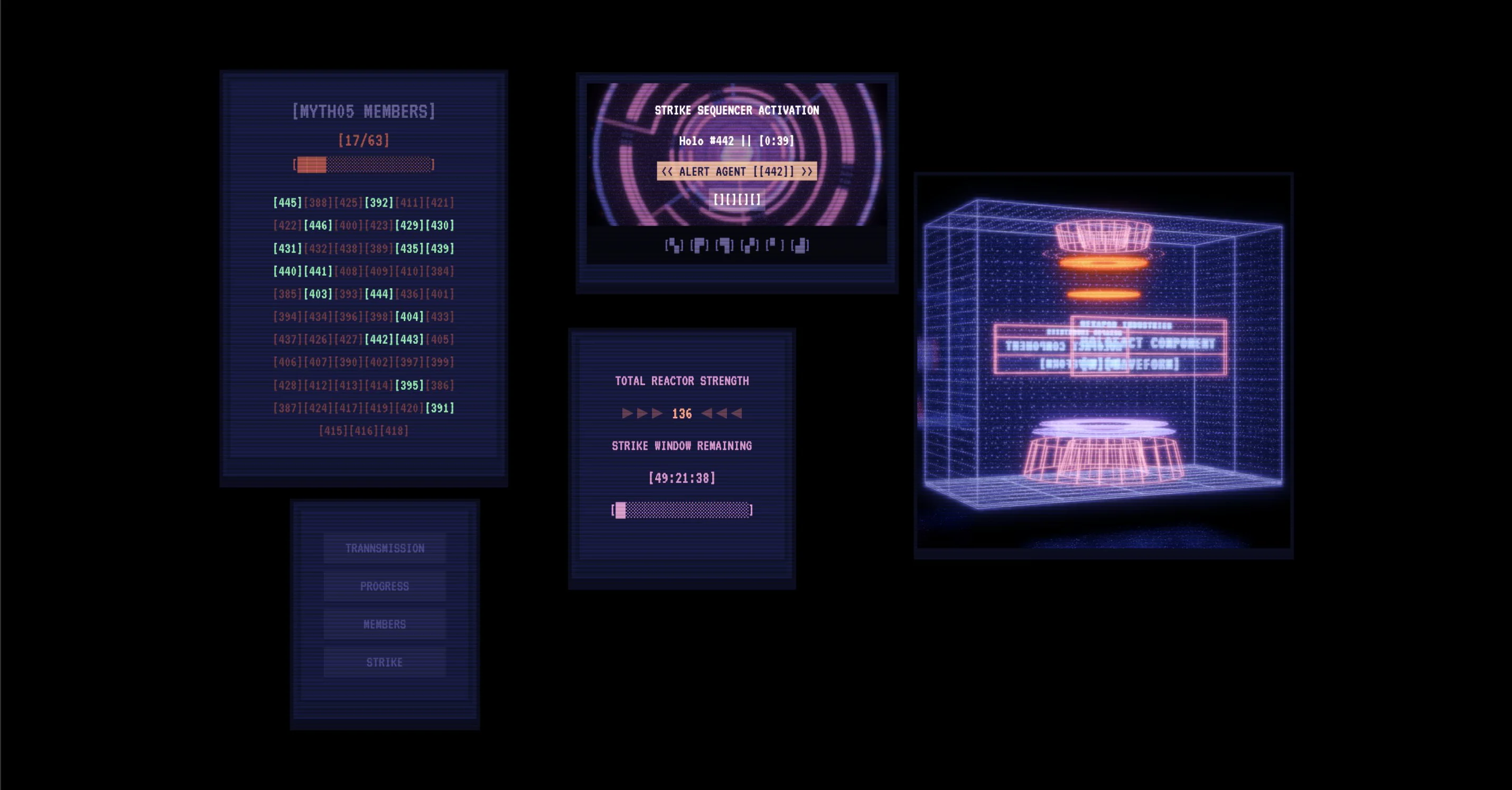 Myth05 community-event sequencer with agent status and reactor strength